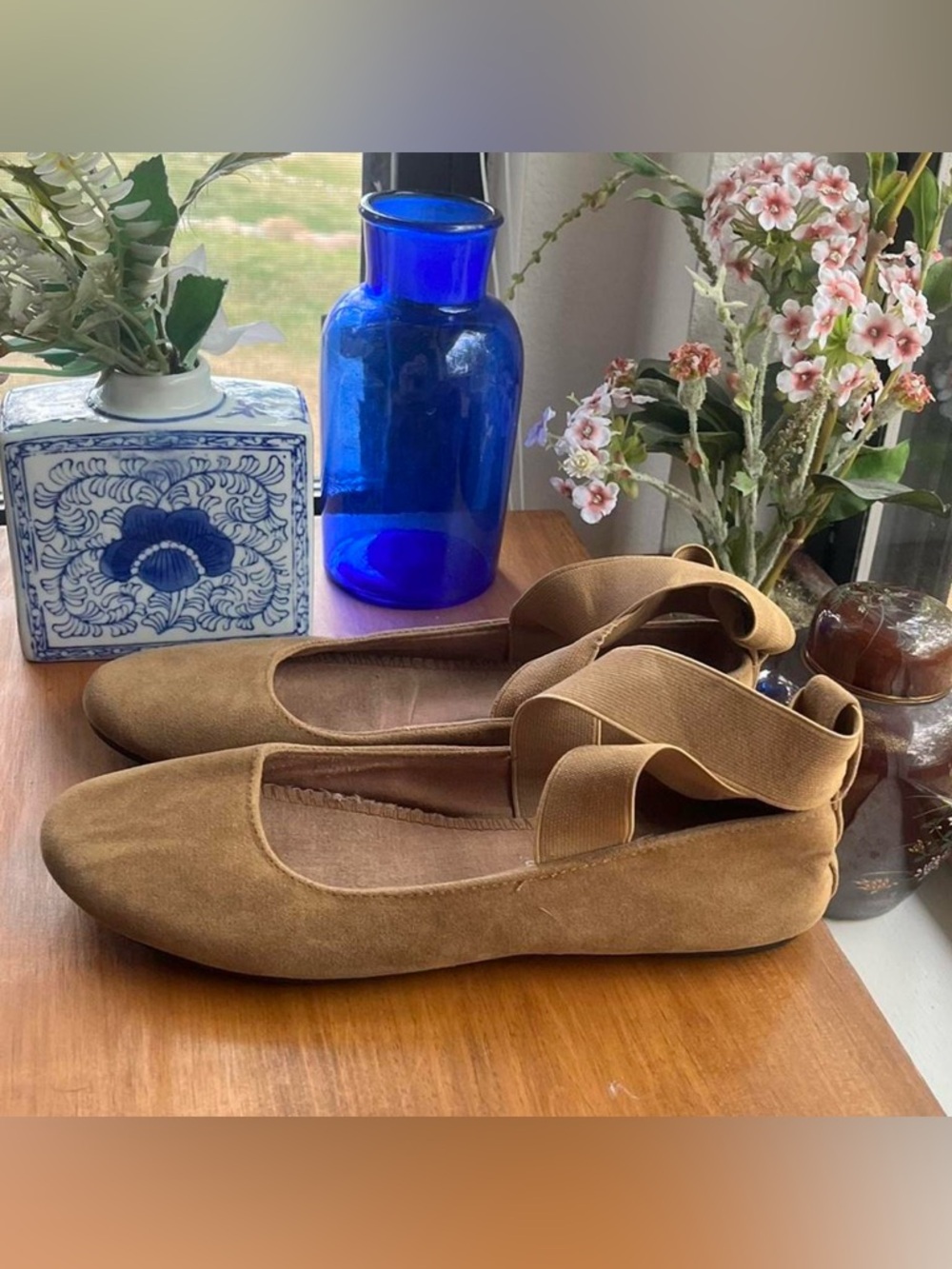 Brown Suede Ballet Flats with Ankle Ribbon Straps